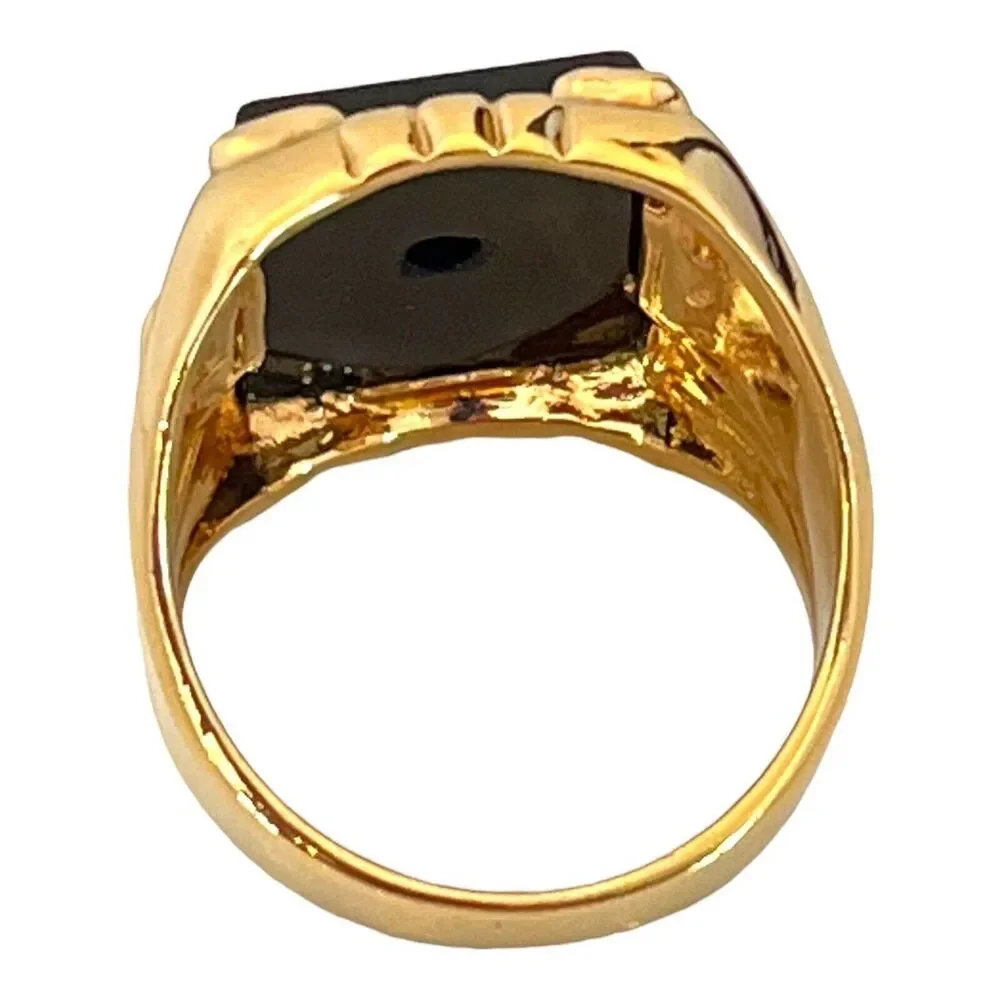 Vintage 1960s Uncas Black Onyx Ring Size 7  14K Gold Plate Art Deco Revival - 5J